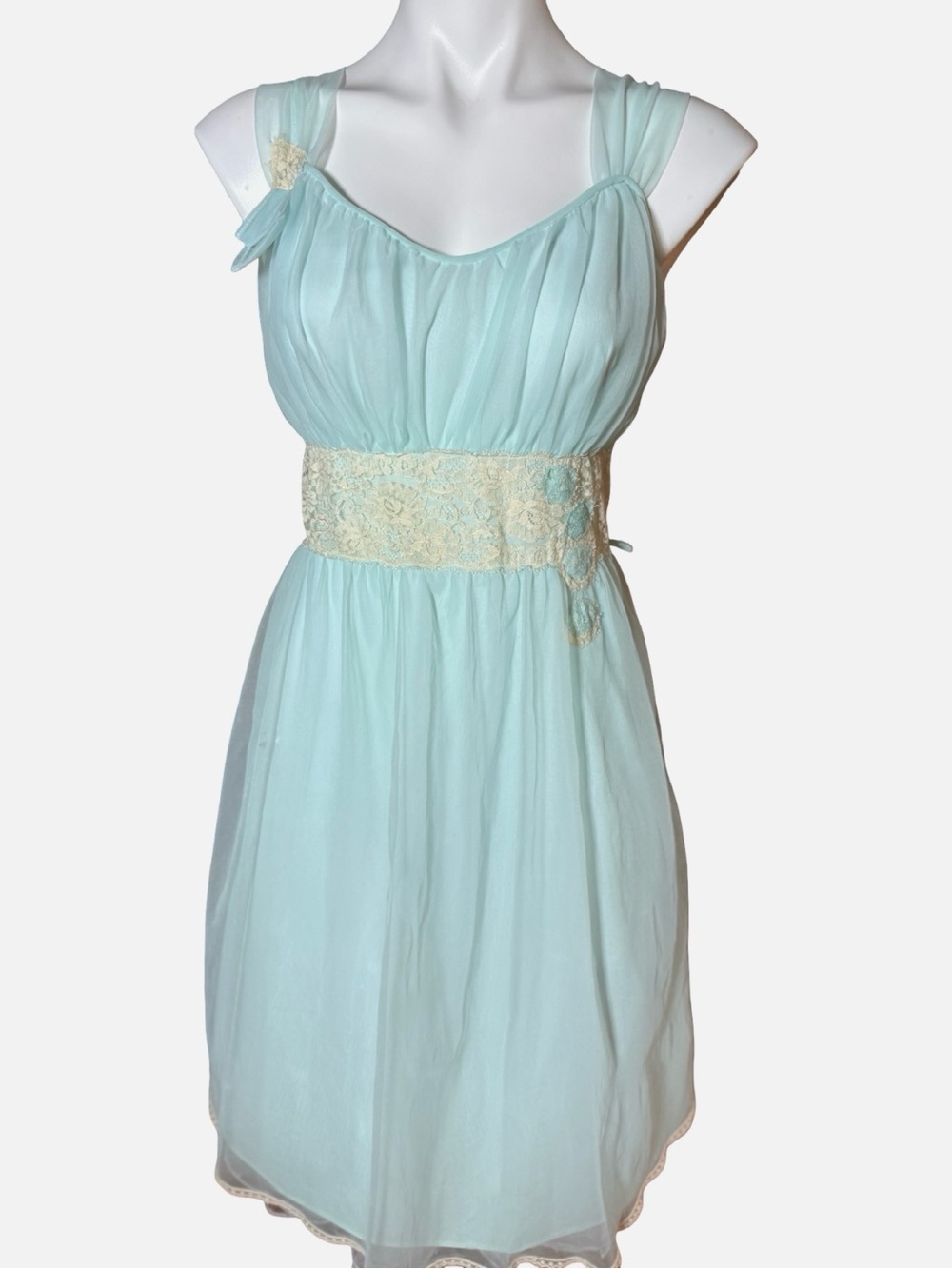 Miss Elaine Vintage Mint Blue Chiffon Lace Nightgown Medium 1960s Babydoll - Picture 7 of 12